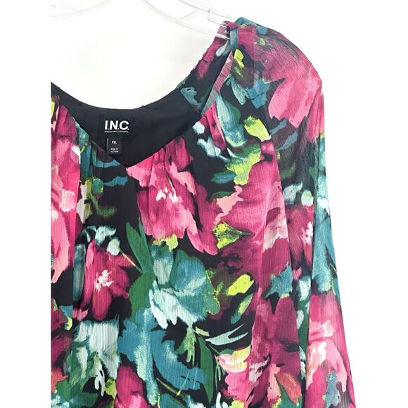 INC Womens PXL Floral Chiffon Blouse Pink Teal Sheer Long Sleeve Lined Hi-Low - Picture 5 of 13